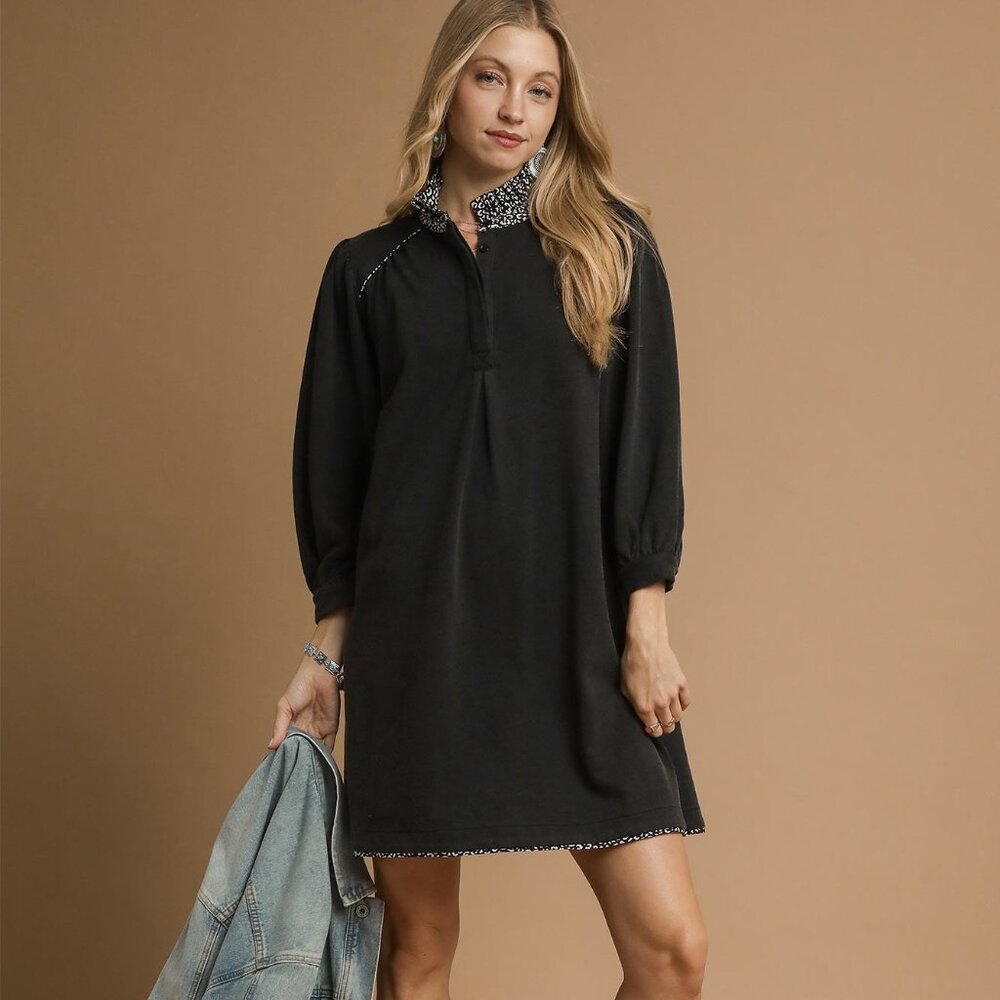 Umgee French Terry Balloon Sleeve Shift‎ Dress with Leopard Print Detail
